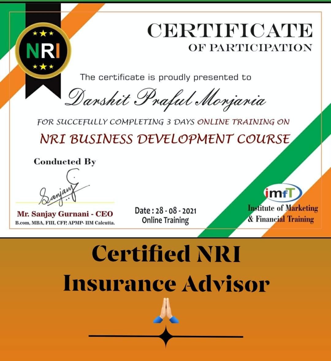 Darshit Morjaria's Certified NRI Insurance Advisor certificate
